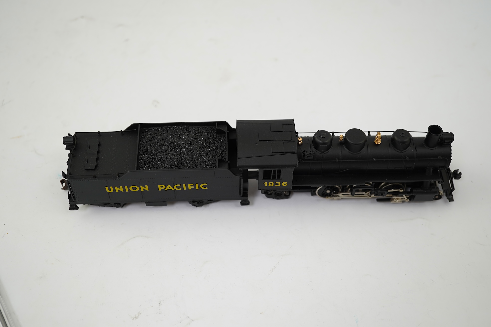 Three boxed HO gauge Bachmann Union Pacific locomotives; (51705) model of ALCO, 41, 2-6-0 locomotive with bogie tender, together with (51501) model of Prairie, 1836, 2-6-2 locomotive with bogie tender, and (50701) model